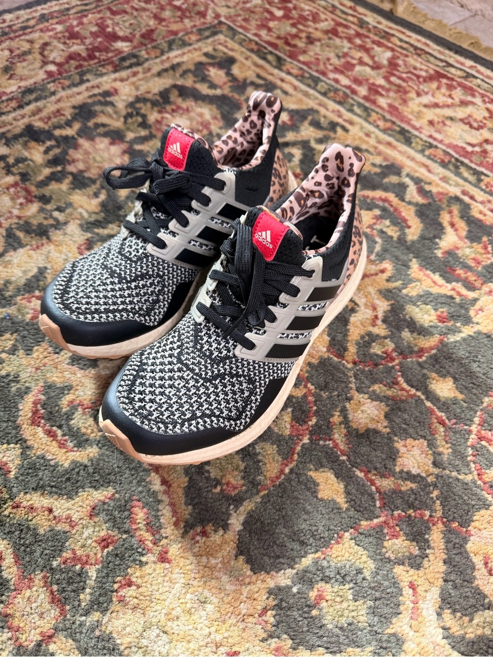 adidas Black, tan & Leopard-Trim Knit ultra boost Running Shoes